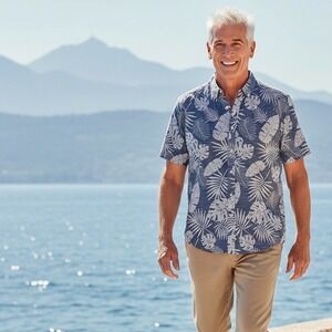 Club Room Mens Blue Tropical Palm Leaf Print Short Sleeve Button Down Shirt L